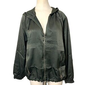 Zara Satin Bomber Jacket Green Hooded Zip Up Green Sz M Relaxed Fit Y2K
